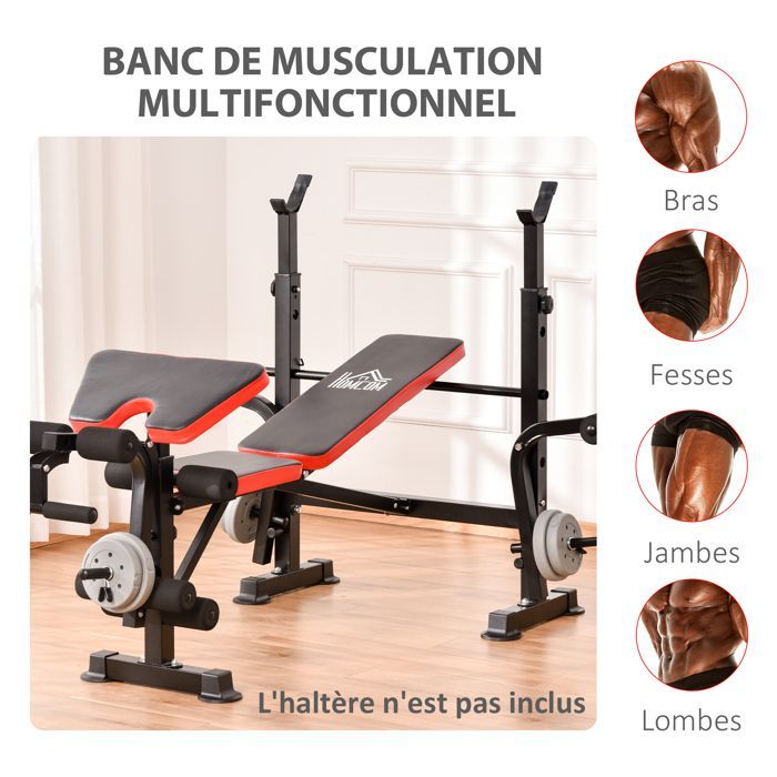 Banc de musculation - HOMCOM - avec support d'haltères - dossier réglable - acier - 175 x 139 x 127 cm - noir et rouge