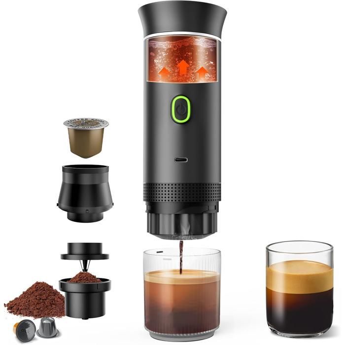 Portable Electric Coffee Maker - Espresso Machine - 20 Bar - Rechargeable - Hot and Cold - Black