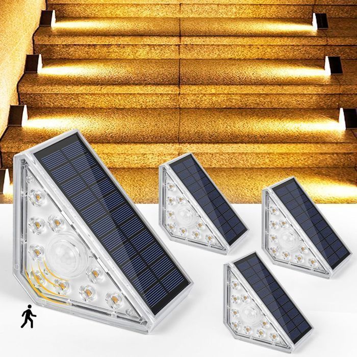 2 luces solares para escaleras, iluminación LED solar exterior para escaleras de 300 lúmenes con sensor de movimiento.