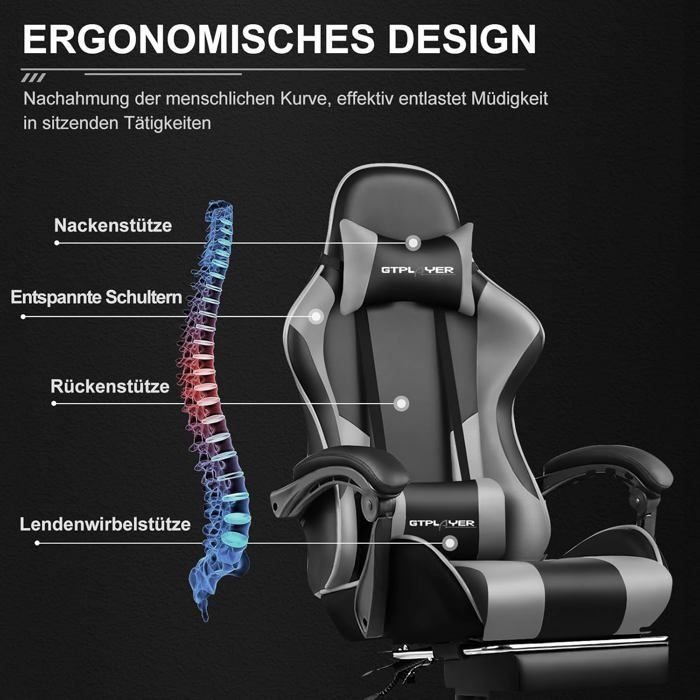 Chaise Gaming Repose Pieds Coussin Lombaire de Massage Fauteuil de Bureau Ergonomique avec Accoudoir Synchronisé (Gris)