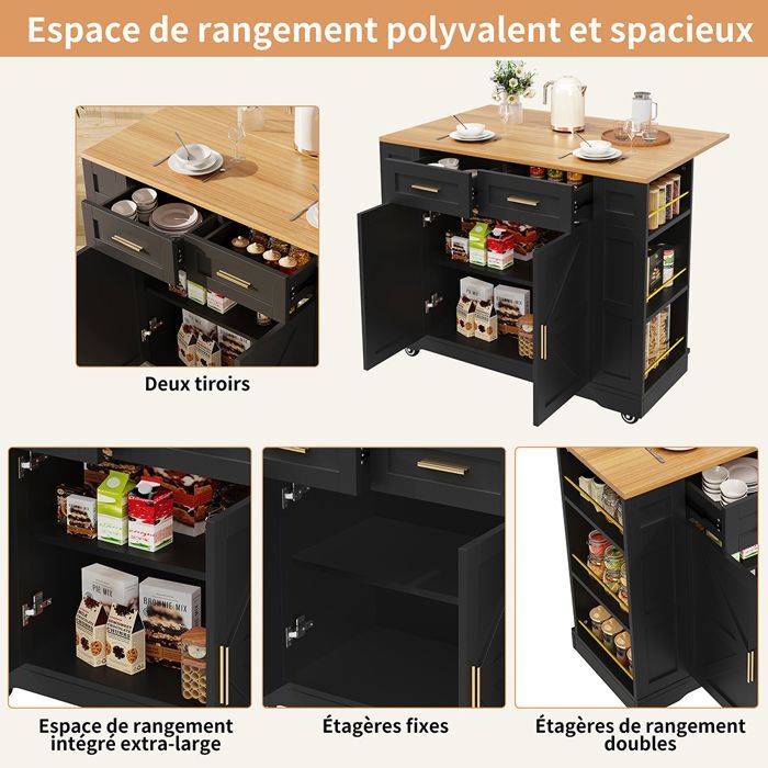 Îlot cuisine Desserte moderne veinures bois table extensible armoires ajustables Noir