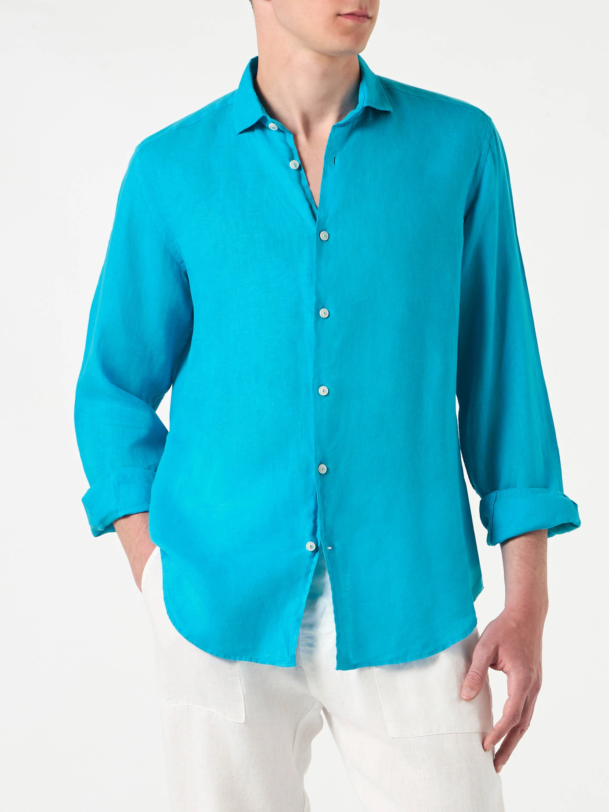 Herenoverhemd van Pamplona in turquoise linnen.