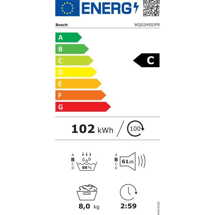 Secadora con bomba de calor BOSCH Serie 6 WQG13500FR - 9 kg - Inducción - 60 cm de ancho - Clase D - Blanca