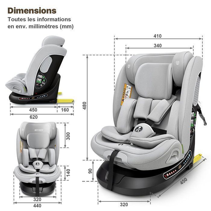 KITYTETY ISOFIX LATCH 360° Rotating Car Seat 40-150 cm, I-SIZE R129/04 - Group 0+/1/2/3, SIP Protection, Adjustable Recline - Grey