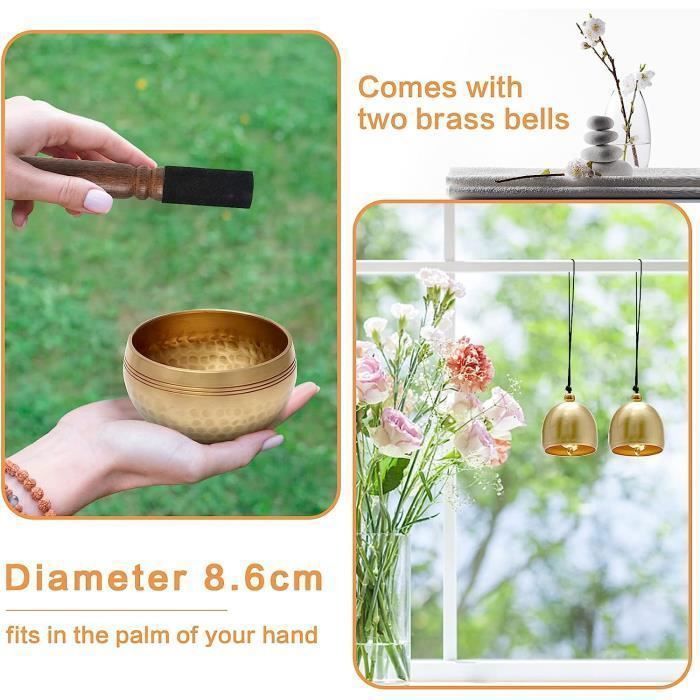 Handmade Tibetan Singing Bowl, 8cm Meditation Bowl with Wooden Mallet + Silk Cushion + Bell Pendant, Tibetan Bowls