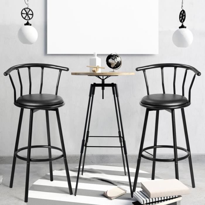 Conjunto de 2 banquetas de metal DREAMADE com encosto e apoio para os pés, giro de 360°, estilo industrial, para cozinha/bar, pretas.