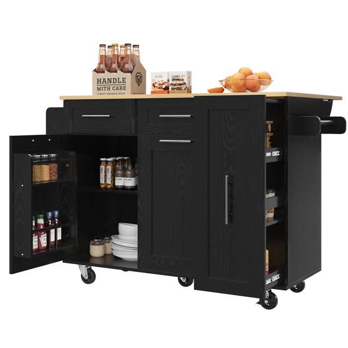 Îlot de Cuisine Mobile avec Plateau Extensible - 2 Niveaux de Rangement - Plateaux Réglables Hauteur - Roulettes Freinées 360°