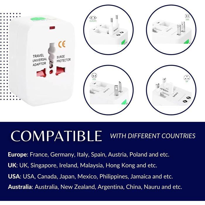 Adaptador de viagem universal multifuncional com 4 tomadas (Reino Unido/EUA/Austrália/UE) - Compatível com mais de 180 países - Carrega 5 dispositivos