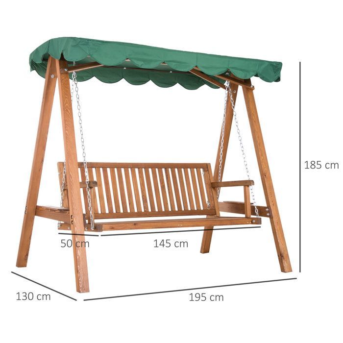 Balancelle de jardin - Outsunny - 3 places toit imperméabilisé 2 tablettes support charge 360 kg - bois pin - 1,9x1,3x1,85m - vert