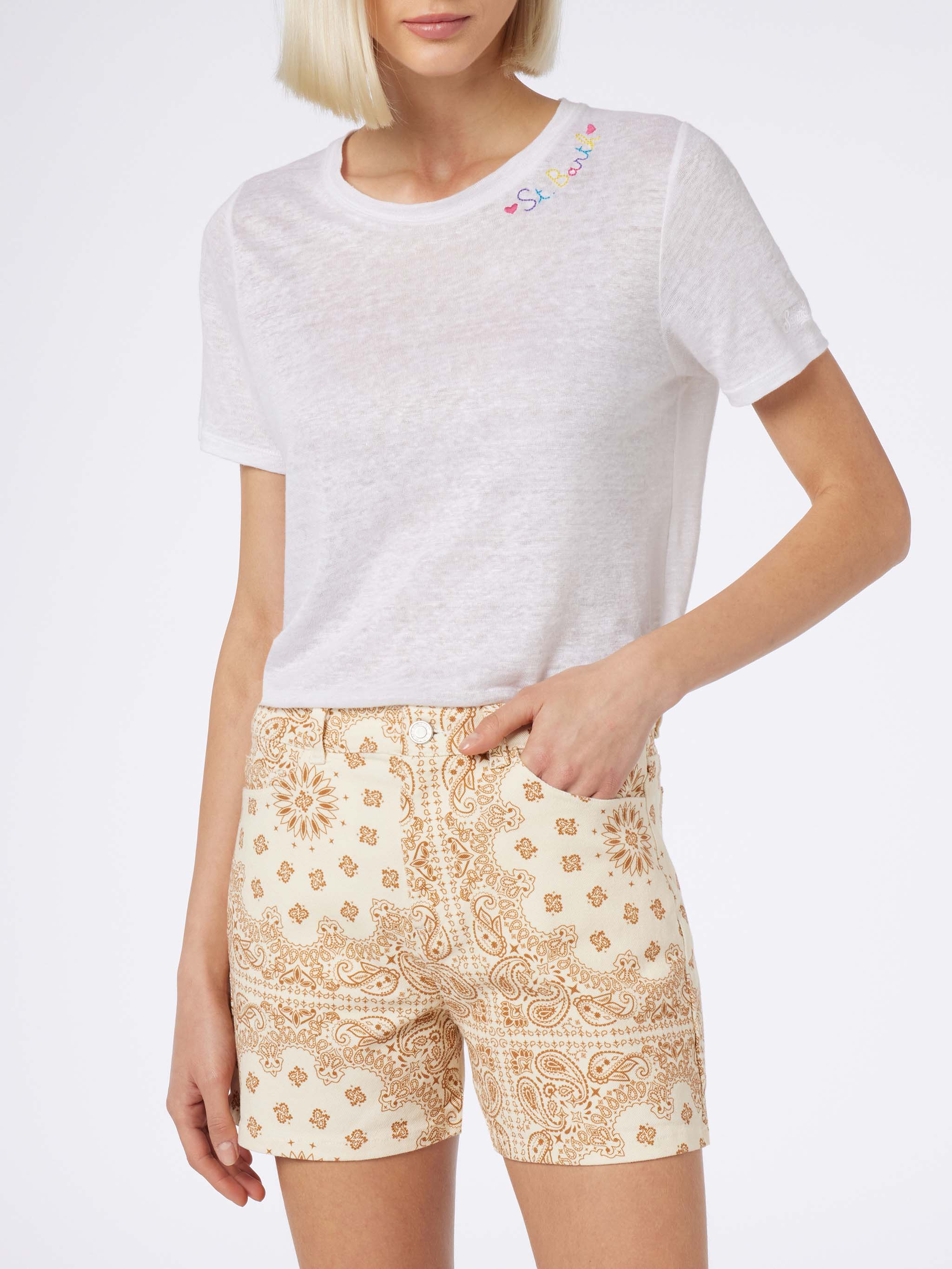 Shorts jeans com estampa de bandana Cancun para mulheres