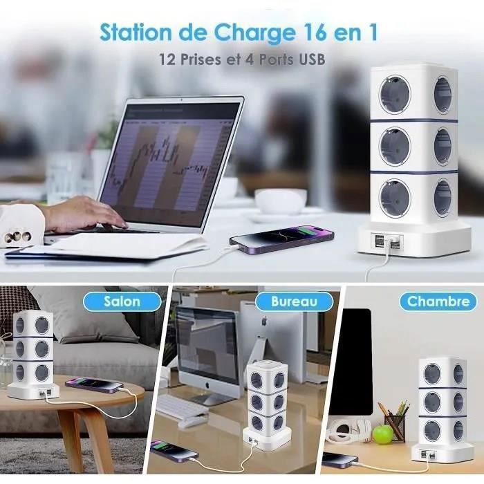 2500W Tour Multiprise Électrique,Tour Multiprise Parafoudre avec 12 Prises et 4 Ports USB,Multiprise USB-3 Interrupteurs Individuel