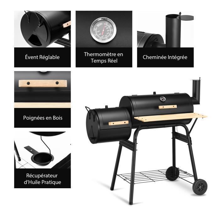 COSTWAY Houtskoolbarbecue - Offset smoker, deksel - 2 wielen - vuurhaard - bijzettafel - thermometer, grillrooster, 115x65x108cm