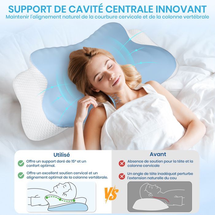 Oreiller Ergonomique Cervical , Oreiller Memoire Forme pour la Nuque Taie d'oreiller en soie glacée , 62 x 37.3 x 14.4/9cm , Bleu