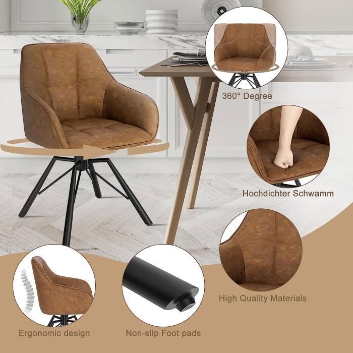 Silla giratoria WOLTU 360°, juego de 2, silla de comedor escandinava, sillón de piel sintética vintage, marrón claro W0ATT0030-2