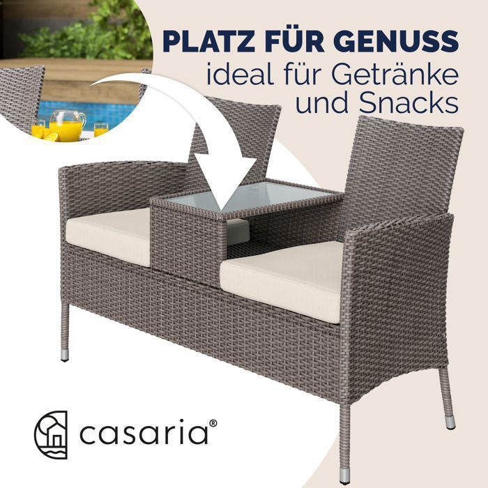 CASARIA® 2-seater polyrattan garden bench with cushions and integrated table, 145 x 58 x 87 cm, outdoor garden furniture, cream