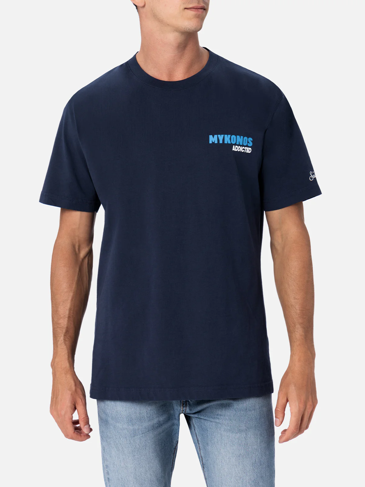 Heren katoenen T-shirt met print van een Mykonos Addict-ansichtkaart.