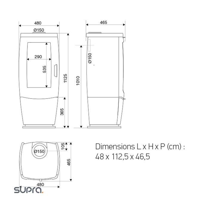 SUPRA Zoe 10kW gietijzeren houtkachel - Zwart - Rookgasafvoer aan boven- en achterkant - Schoon glas