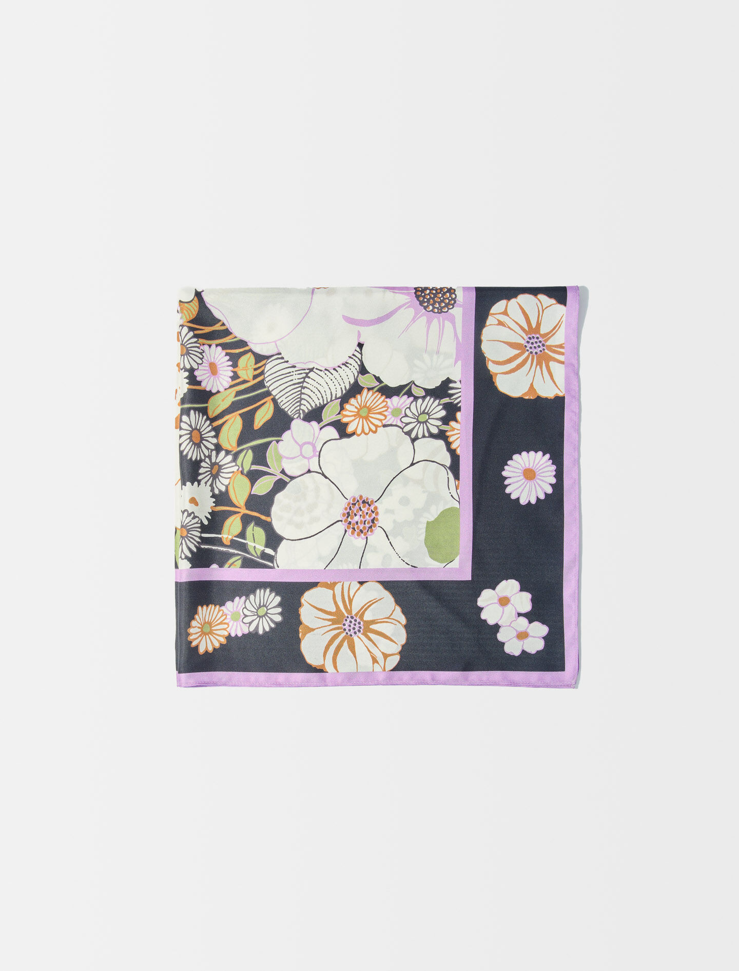 Zijden sjaal met bloemenprint - Fleur jaren 70 noir