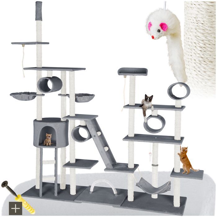 Cat tree - TECTAKE - SNOOKY cat furniture with large scratching post and 1 hammock 218 x 70 x 216 cm - Grey