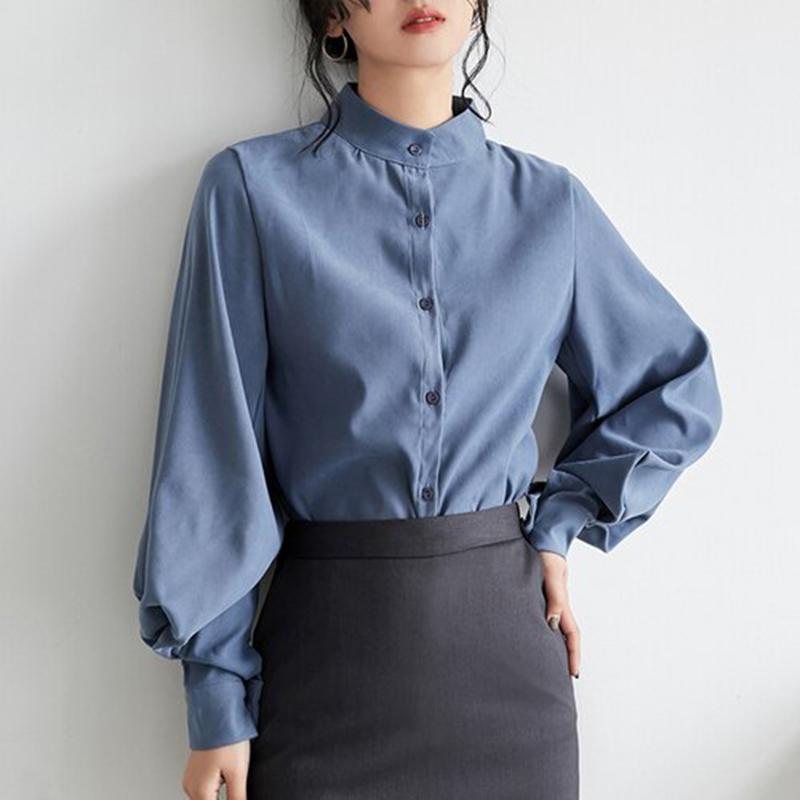Chemise ample à manches lanternes rétro pour femme, style coréen printemps-automne, col montant, col losange, blanche, style OL, blouse, blouson femme, S268