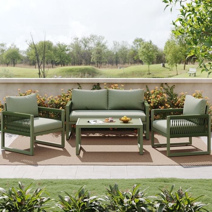 Set di mobili da giardino in ferro zincato - 1 divano, 2 poltrone e 1 tavolino da caffè in vetro - decorato con corda - 4 posti - Verde avocado