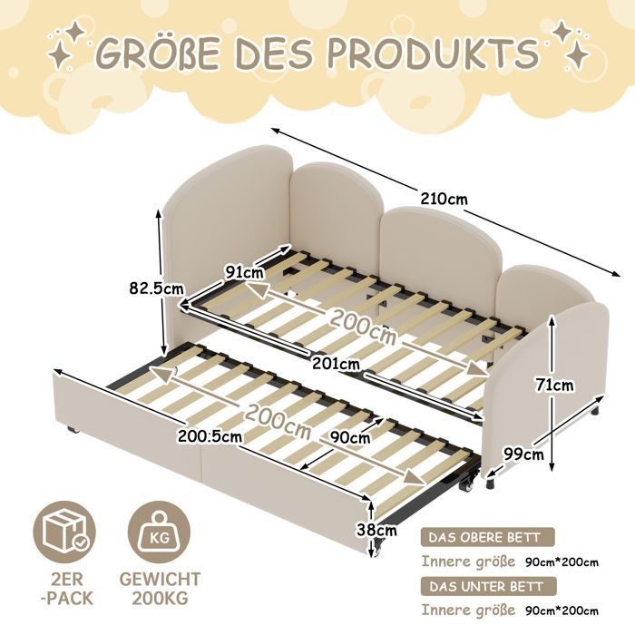 Lit Banquette 90x200 cm avec Lit Tiroir 90x190 cm - Banquette-Lit Convertible Moderne sans Matelas, Bois et Métal, Velours Beige