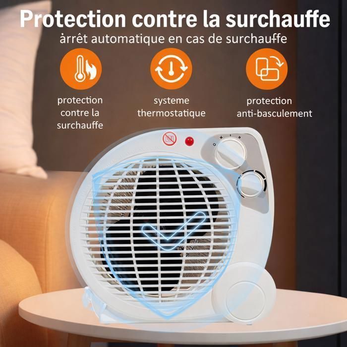 Calefactor auxiliar de 2000 W, calefactor con ventilador de 2 velocidades (1000/2000 W), protección contra sobrecalentamiento y vuelco.