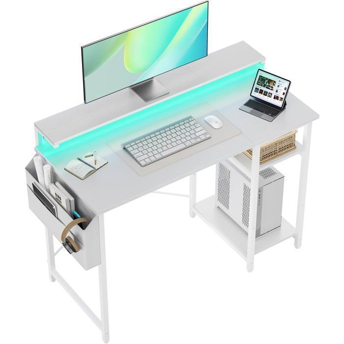 Bureau informatique - HLONONE - 100 x 48 cm - Modèle à deux niveaux - Éclairage LED - Réglable en hauteur - Blanc