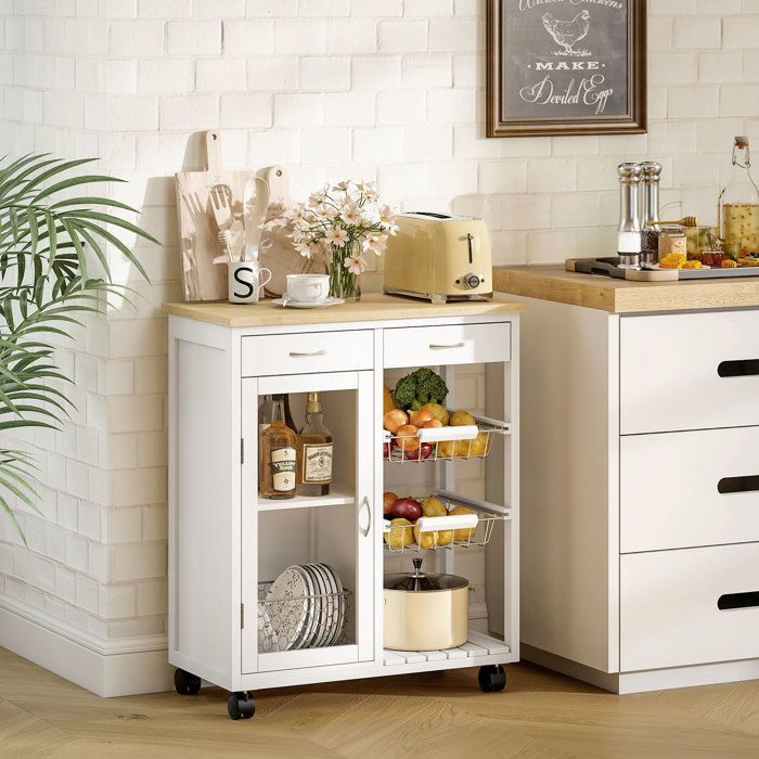 Desserte de cuisine - HOMCOM - sur roulettes - plateau en bambou, porte vitrée, 2 paniers et 2 tiroirs - MDF - 67x35x80cm - blanc