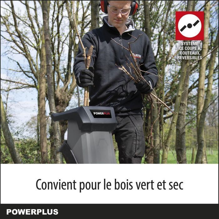 Powerplus elektrische tuinhakselaar POWEG5011 - 2400 W, max. Ø40 mm, duwstang, wielen en opvangzak van 50 liter inbegrepen