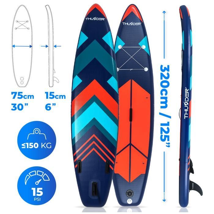 Tavola da paddle THUNDER® STRIPES 320 cm | Gonfiabile | Antiscivolo | Zaino | Accessori completi | Kit di riparazione