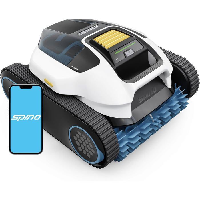 Spino E1 Robot Piscine Sans Fil, Nettoie Fond Parois et Ligne d'Eau, avec App, Trajet SmartArc, 210 Min & 150m² d'Autonomie