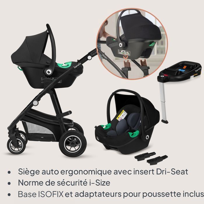 Poussette combinée 4en1 LIONELO Bianka -Jusqu'à 22Kg - Pack poussette, Nacelle, Siège auto, Base ISOFIX, sac et accessoires - Beige