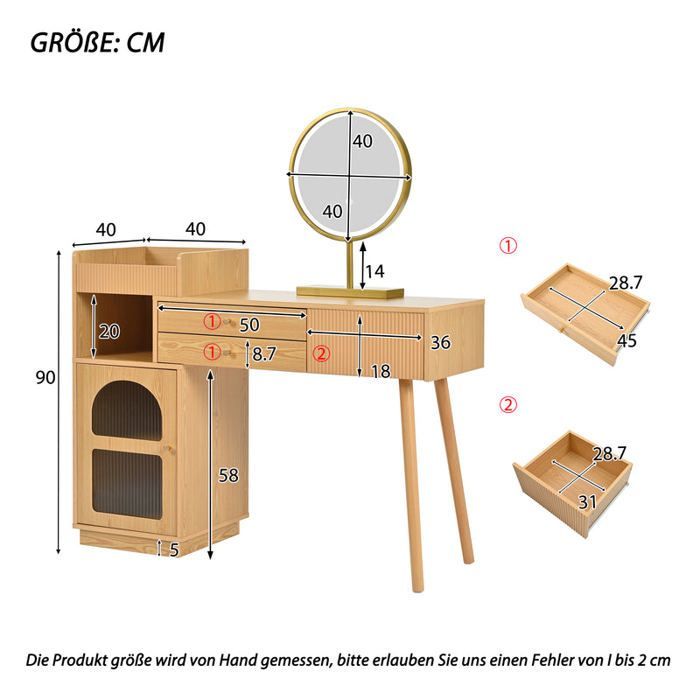 MEUBLES COSY Coiffeuse moderne avec miroir LED à 3 lumières, grand espace de rangement et armoire latérale en verre, 120x40x90 cm