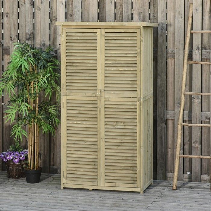 Abri Jardin - Chalet Abri jardin armoire outils bois toit asphalte 4 compartiments porte persiennes gris 87x46,5x160cm