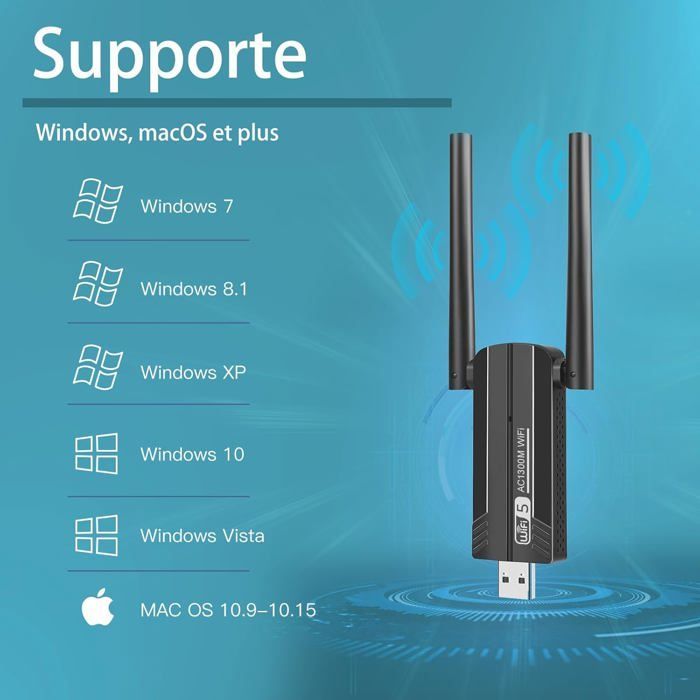Adaptador WiFi potente AC1300 Mbps, adaptador WiFi USB 3.0 de doble banda, adaptador WiFi USB de 2.4G/5.8GHz para PC/portátil/ordenador de sobremesa/tableta.
