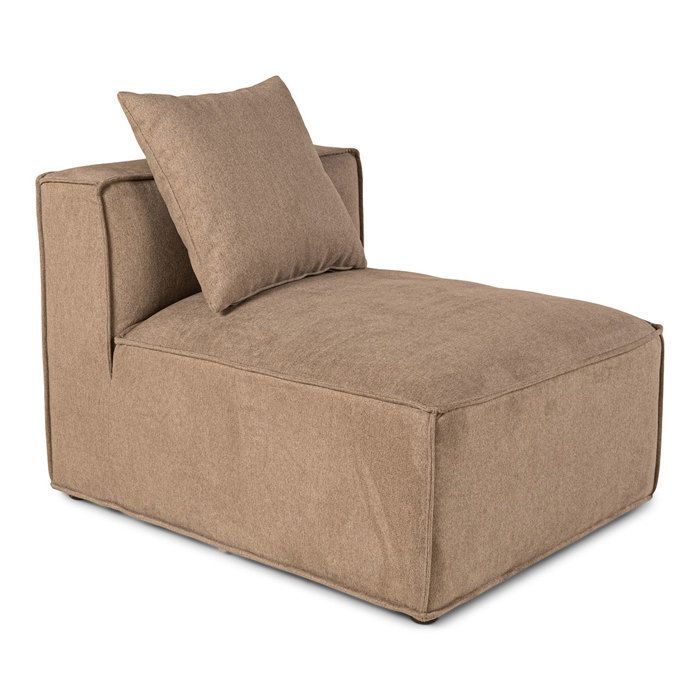 Box canapé chaiselongue, 3 coussins décoratifs beige, marron.