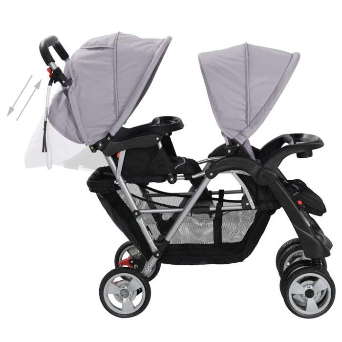Poussette double VIDAXL en acier gris et noir avec auvents pliants et grand panier