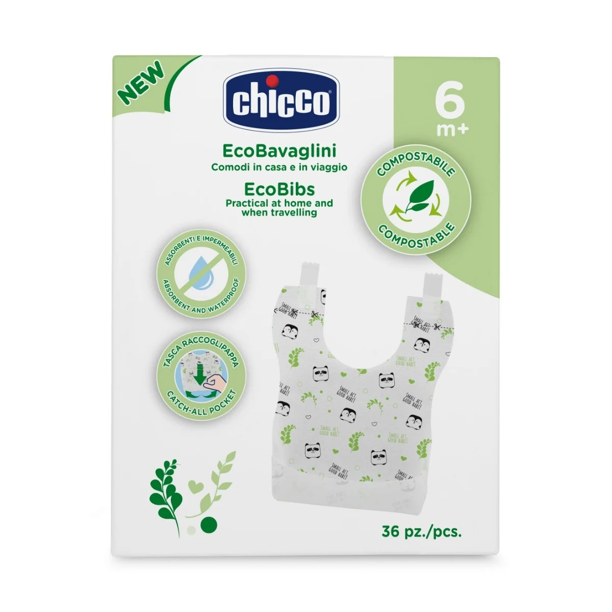 Babadores descartáveis Chicco, pacote com 36 unidades.