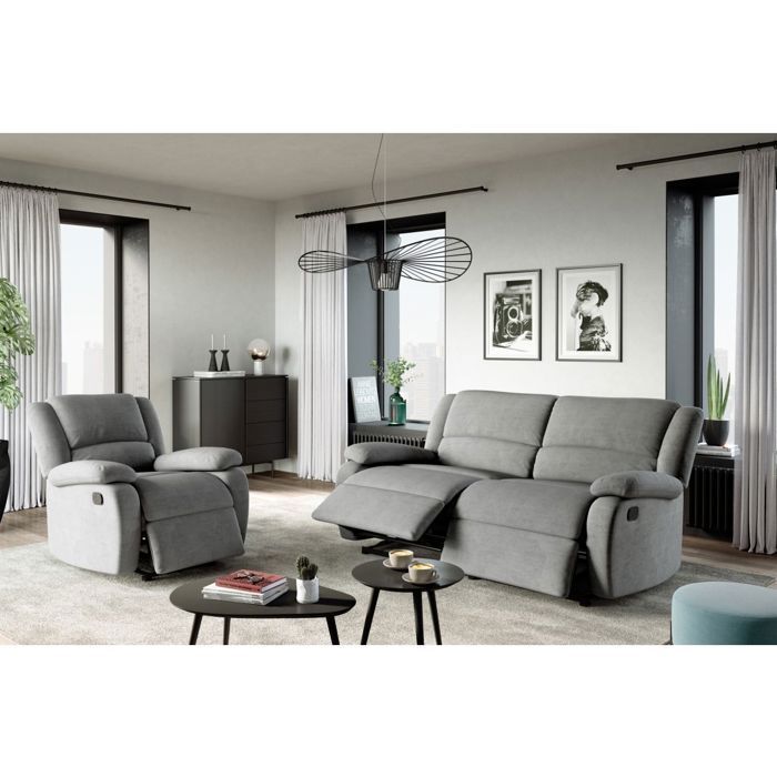 LEO 3-seater manual reclining sofa with 2 extra-large seats in microfiber - Grey - W193 x D93 x H96cm - LOUNGITUDE