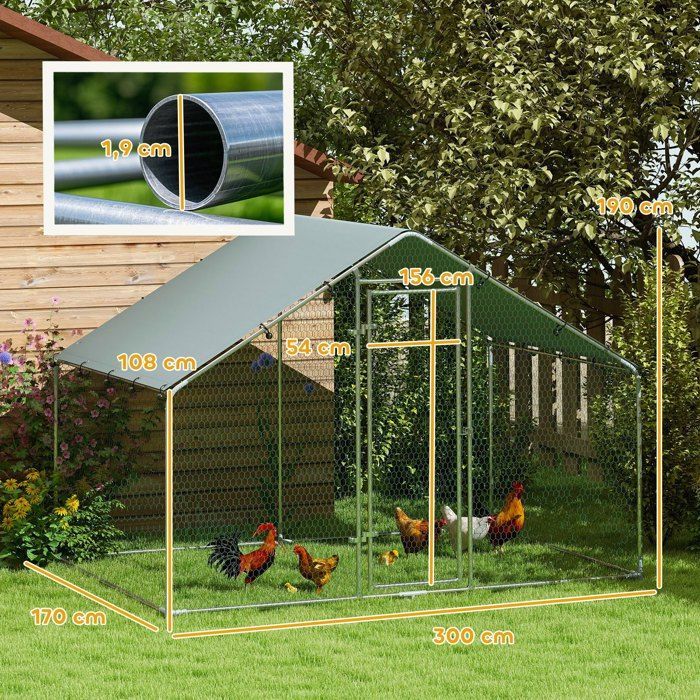 Gallinero PawHut - puerta con cerradura - 5-8 gallinas - cubierta impermeable y resistente a los rayos UV - acero galvanizado - 3x1,7x1,9 m - plateado