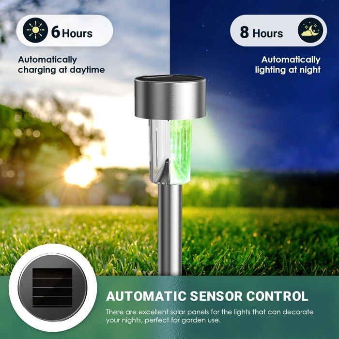 Set di 12 luci solari da giardino IP65 in acciaio inossidabile con LED multicolore – 36 cm, da piantare