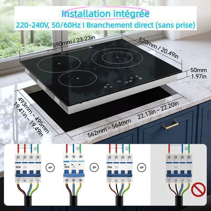 Plaque Vitrocéramique,3 feux,L59 cm,Table de cuisson vitrocéramique,5400W,3 foyers,Table Vitrocéramique,Revêtement verre