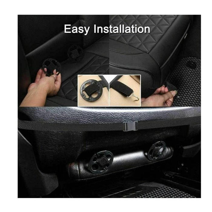2 fundas universales de lujo para asientos delanteros de coche (1+1), de piel sintética negra con costuras rojas en forma de diamante.