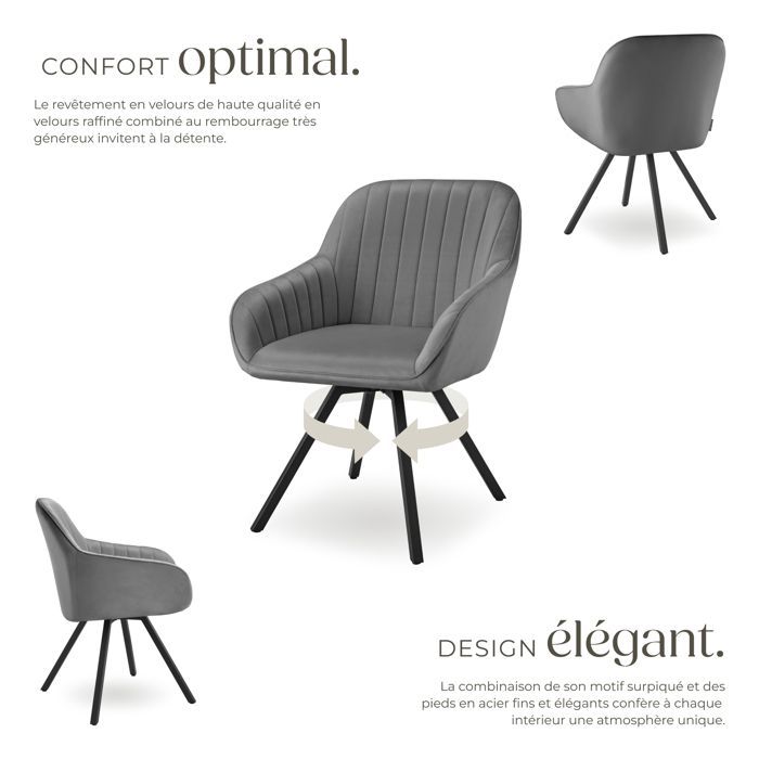 Silla - TECTAKE - Sillón giratorio SNUG de 360° con reposabrazos acolchados de terciopelo - Gris