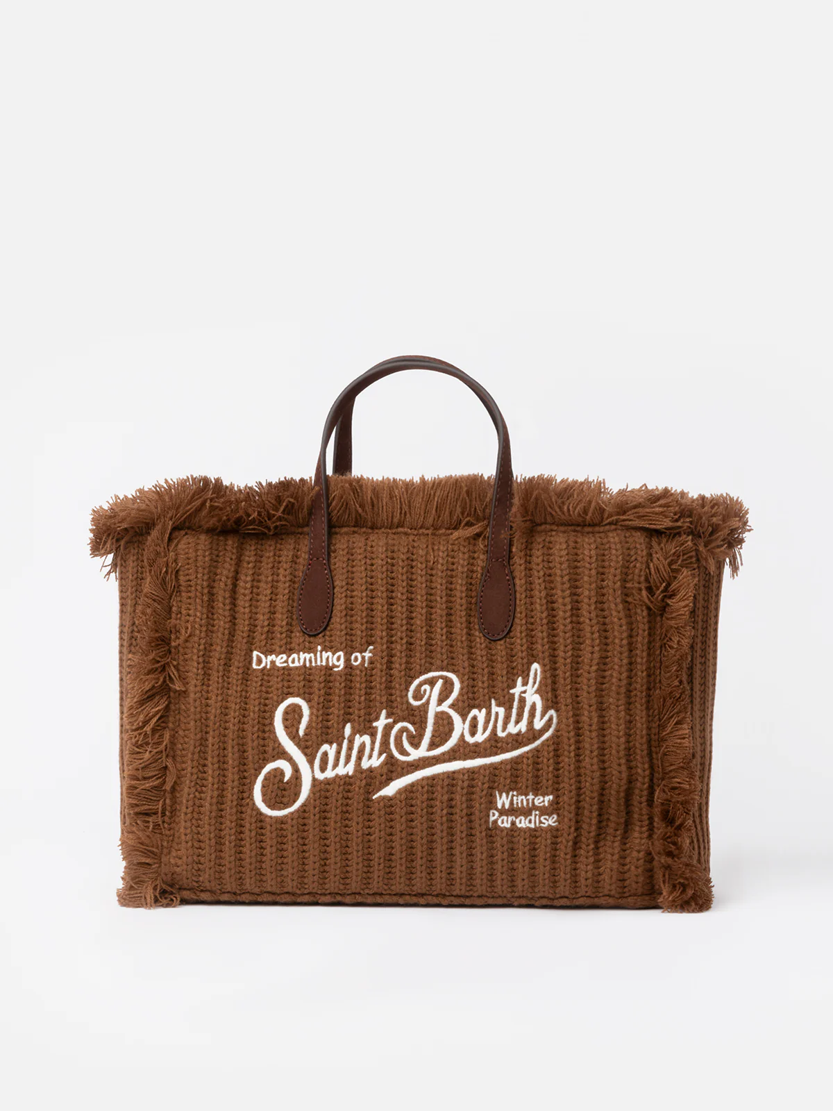 Colette Winterhandtas | Fluweel met franjes, bruin ribgebreid, Saint Barth-logo, afneembare schouderband | MC2 Saint Barth