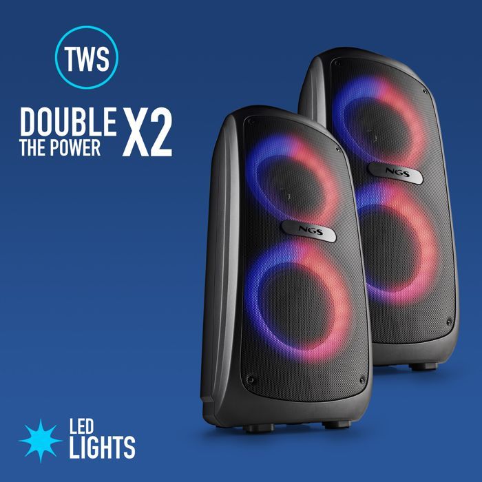 NGS WILD TEMPER: 200W portátil BT/TWS, USB/AUX, LED, autonomia de 5h, 2 entradas micro.
