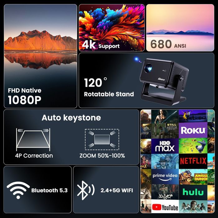 Mini proiettore Netflix Isinbox con rotazione a 360° con autofocus, proiettore 4K per telefoni e computer con Wi-Fi, HDMI e Bluetooth.
