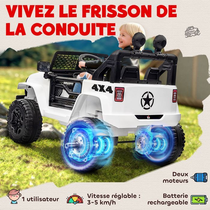 Elektrische kinderauto - HOMCOM - Achterwielaandrijving 12V 5 km/u Afstandsbediening Geluidseffecten LED - PP - 100x65x72cm - Wit