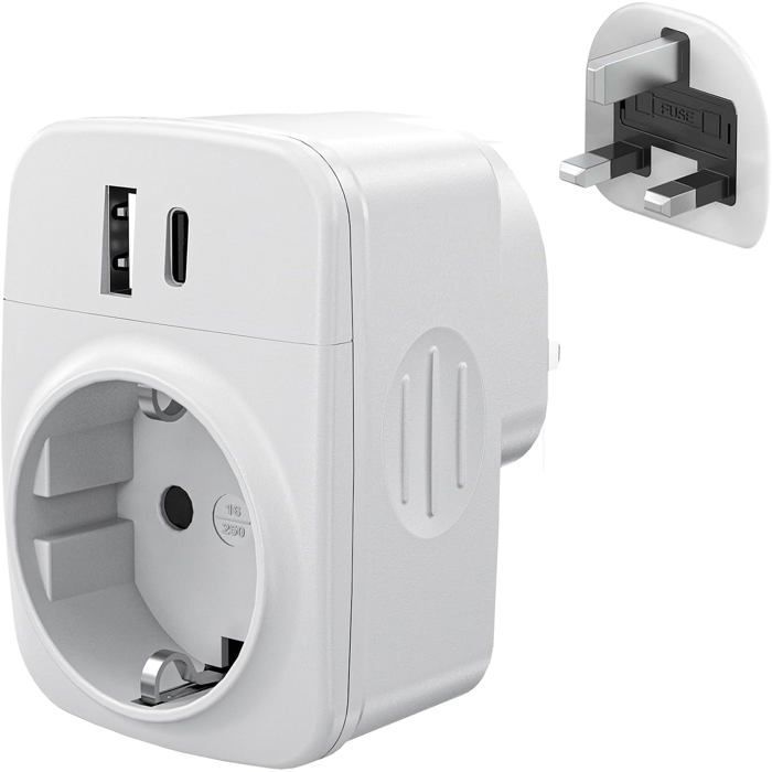 UK-Steckeradapter – UK-Stecker auf französischen Stecker mit 1 USB- und 1 Typ-C-Anschluss, Typ-G-Adapter für Irland und Großbritannien
